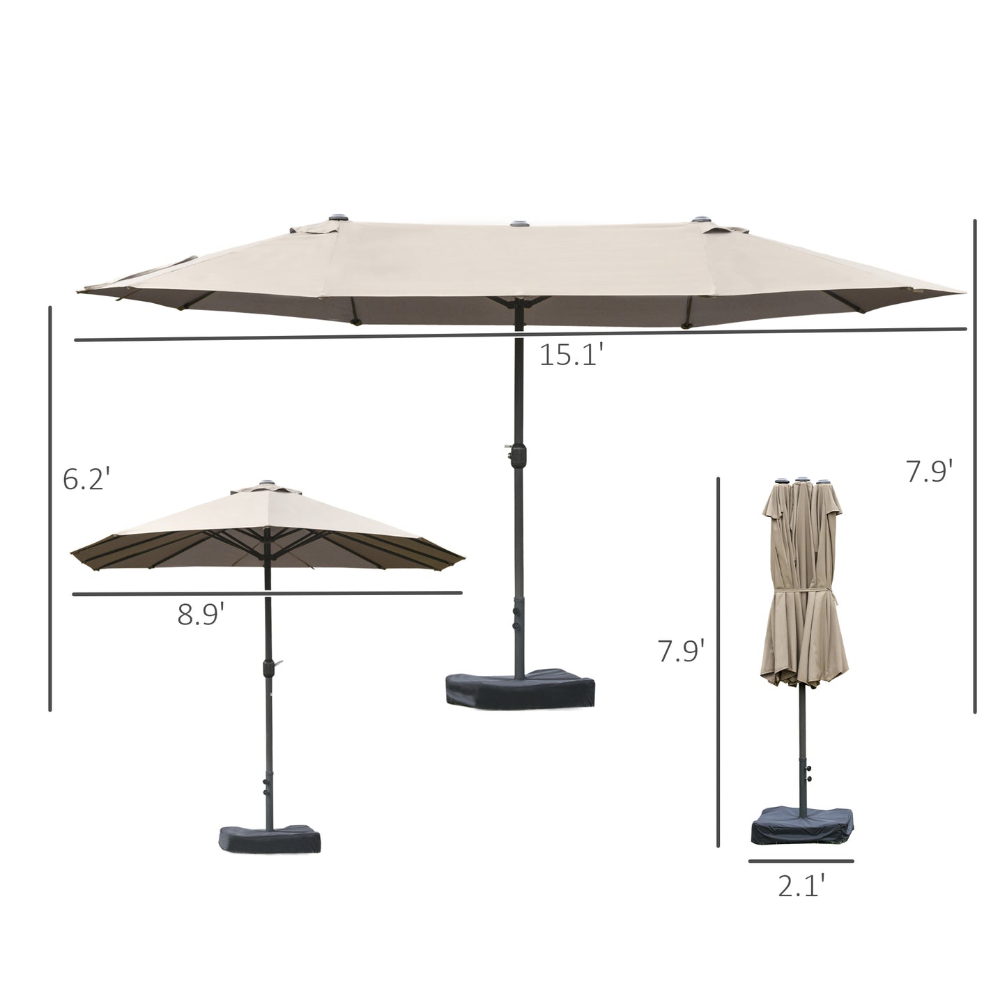 Patio Umbrella 15' Steel Rectangular Outdoor Double Sided Market With Base, UV Sun Protection & Easy Crank For Deck Pool Patio, Coffee