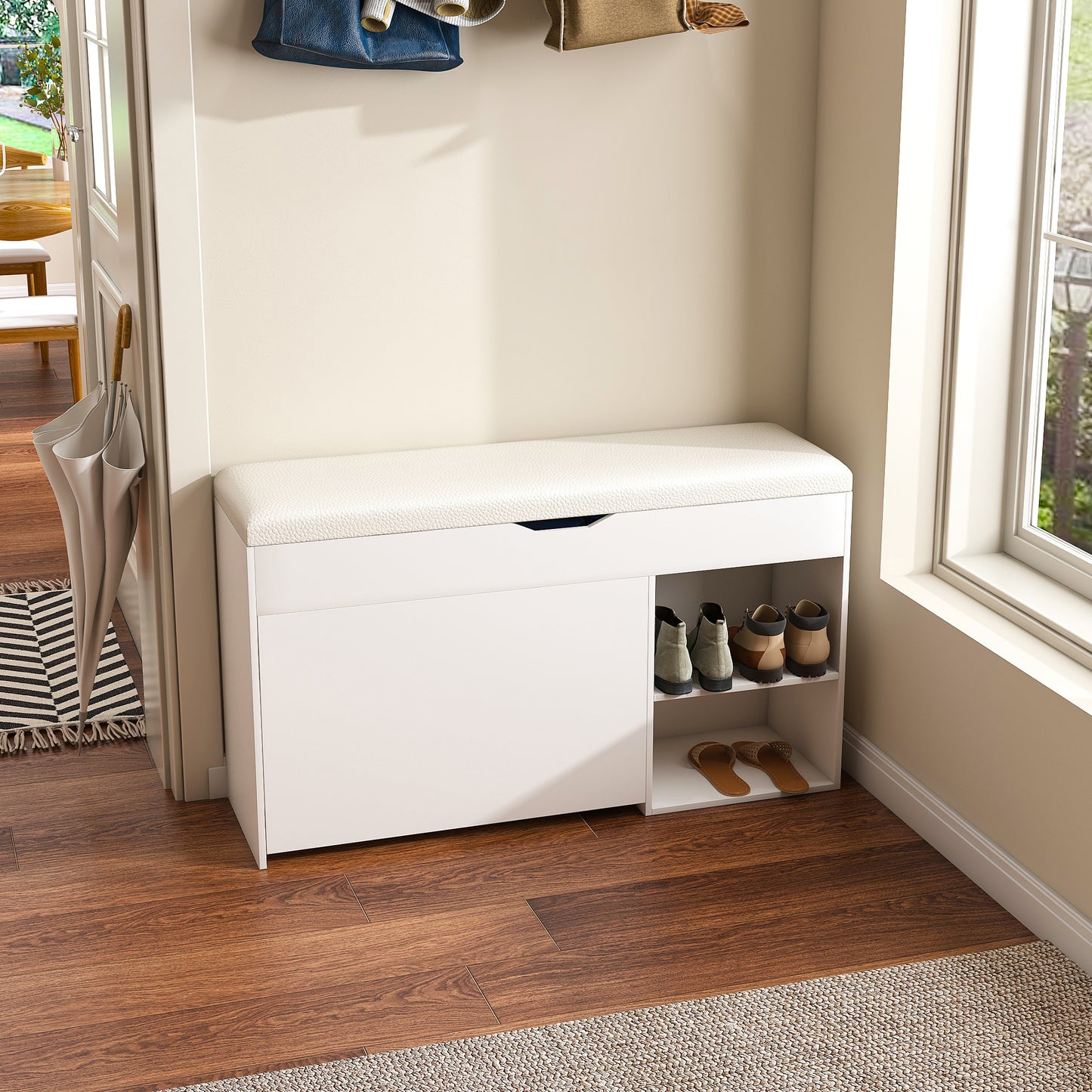 Entryway Bench With Shoe Storage,Adjustable 3-Tier Flip-Up Drawers & Hidden Cabinet,Space-Saving Shoe Organizer,Triple Storage And Modern Design,for  Hallway And Living Room,White