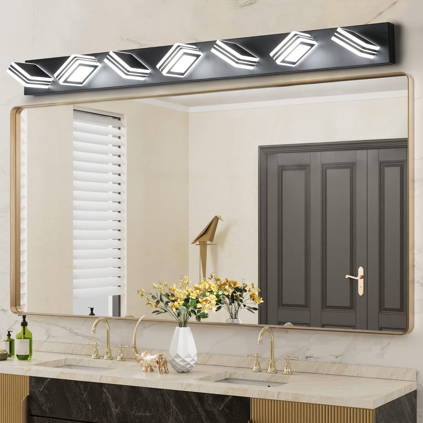 45in  Modern Black 7-Light LED Vanity Light, Square Acrylic Lampshades Wall Mount Fixture For Bathroom, Mirror Lighting