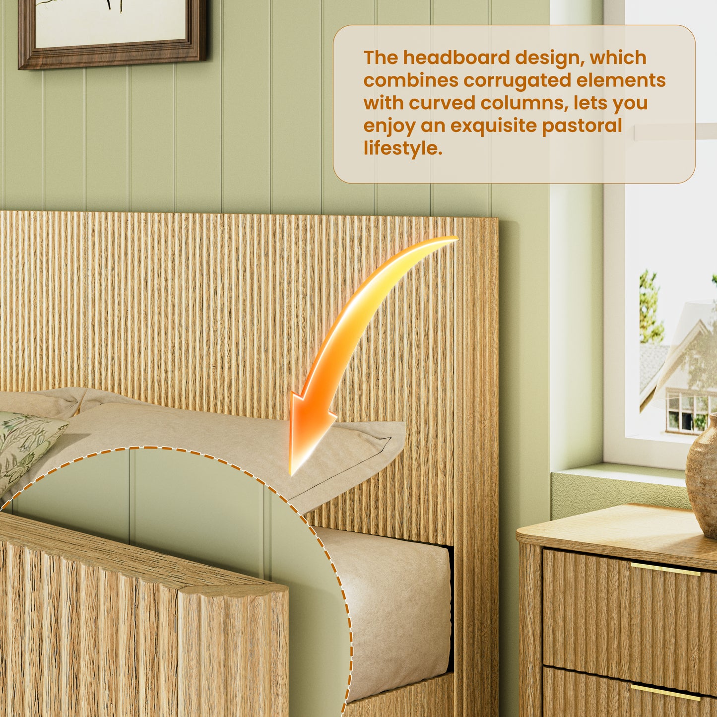 Kind Size Bed Frame With LED Lights, Modern Wooden Corrugated Curved Lines, Convex Groove Board Design, Oak.