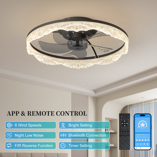 20 Decorative LED Ceiling Fan Light  Modern Flush Mount With Acrylic Ring, Hidden Blades, Remote Control, And Dimmable Light For Stylish Homes Black
