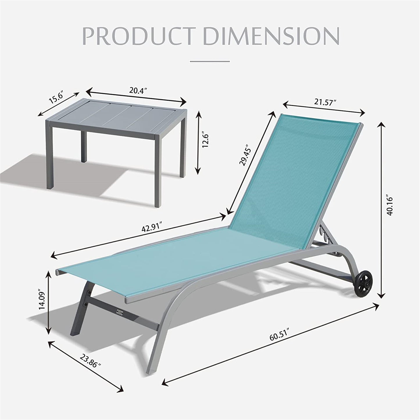 Chaise Lounge Outdoor Set Of 3, Lounge Chairs For Outside With Wheels, Outdoor Lounge Chairs With 5 Adjustable Position, Pool Lounge Chairs For Patio, Beach Lake Blue, 2 Lounge Chairs 1 Table