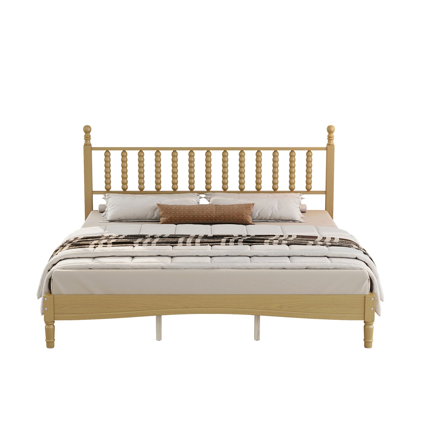 King Size Wood Platform Bed With Gourd Shaped Headboard,Retro Style Platform Bed With Wooden Slat Support,Natural