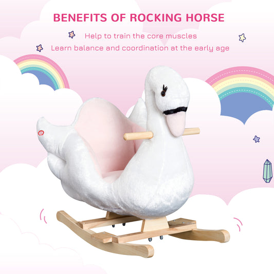 Kids Ride On Rocking Horse Plush Swan Style Toy With Music For Over 18 Months Children, White And Pink