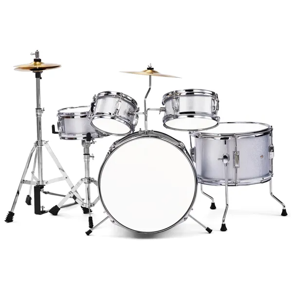5-Pieces Junior Kids Drum Set Kit Pedal Drum Stick Wrench Drum Stool Silver