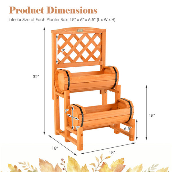 2-Tier Solid Fir Wood Raised Garden Bed With Trellis Cylindrical Planter Box For Climbing Plants