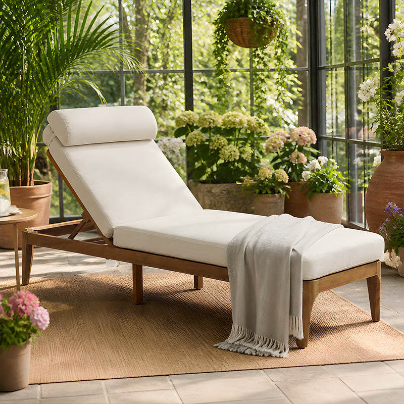 TOPMAX Acacia Wood Chaise Lounge, Outdoor Sun Lounge Chair, Patio Recliner With Adjustable Backrest And Head Pillow For Poolside, Backyard, Garden, Indoor&Outdoor, Beige