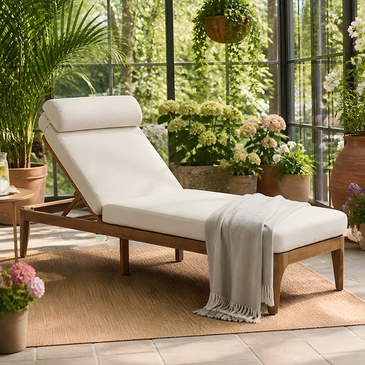 TOPMAX Acacia Wood Chaise Lounge, Outdoor Sun Lounge Chair, Patio Recliner With Adjustable Backrest And Head Pillow For Poolside, Backyard, Garden, Indoor&Outdoor, Beige