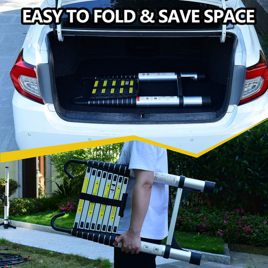 Telescopic Ladder, 9.5 Foot Aluminum Button Telescopic Ladder With 2 Triangular Stabilizers And Hooks, Multi-purpose Ladder, Maximum Load-bearing Capacity Of 330 Pounds, Suitable For Industrial And Ho