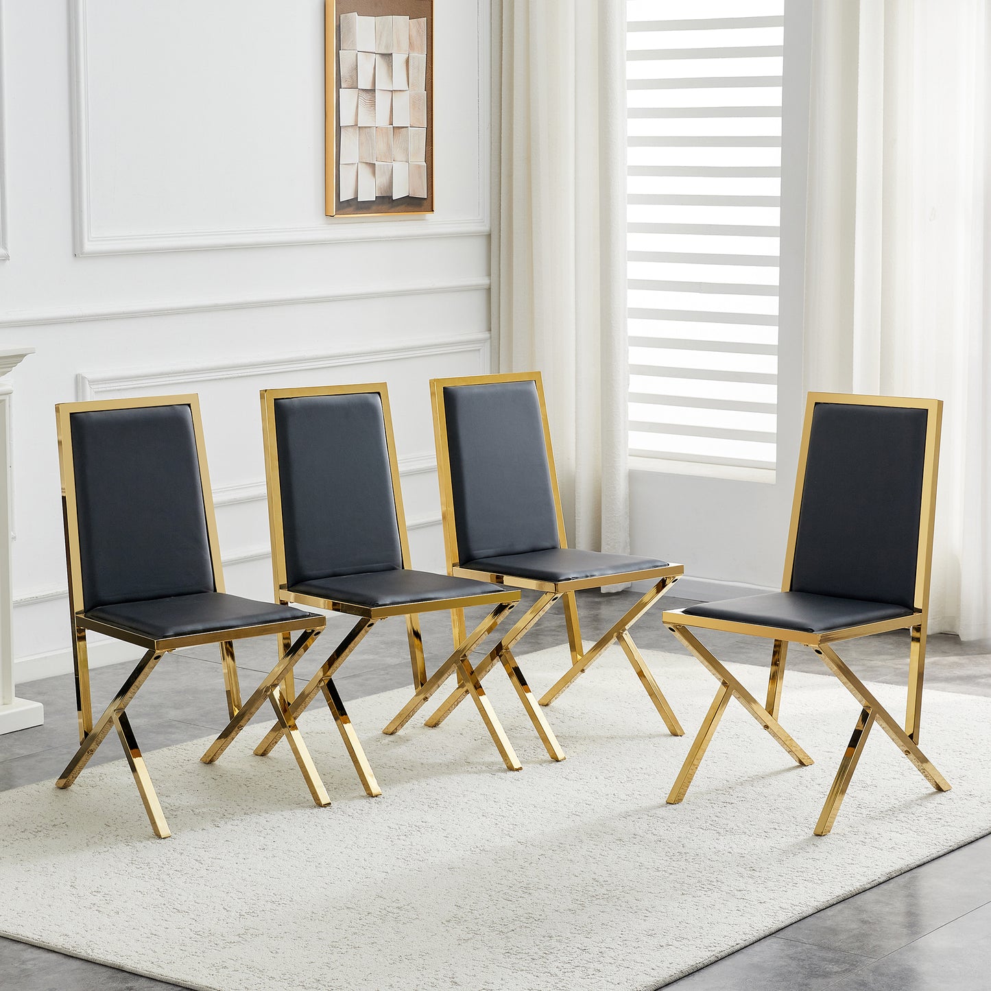 4-pack Gold Metal Framed Black PU Dining Chairs Ergonomic Design, A Simple And Luxurious Choice.Featuring Uniquely Designed Gold Metal Legs.