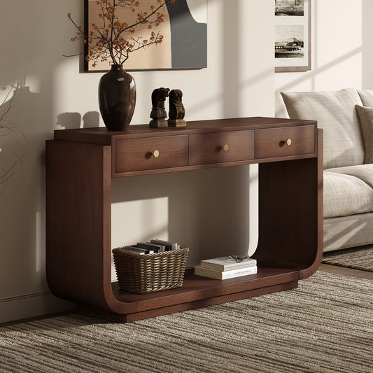 Classic-Style Console Table, 3 Storage Drawers, Display Shelf, Curved Legs, Painted Finish, Entryway Hallway Living Room, Walnut