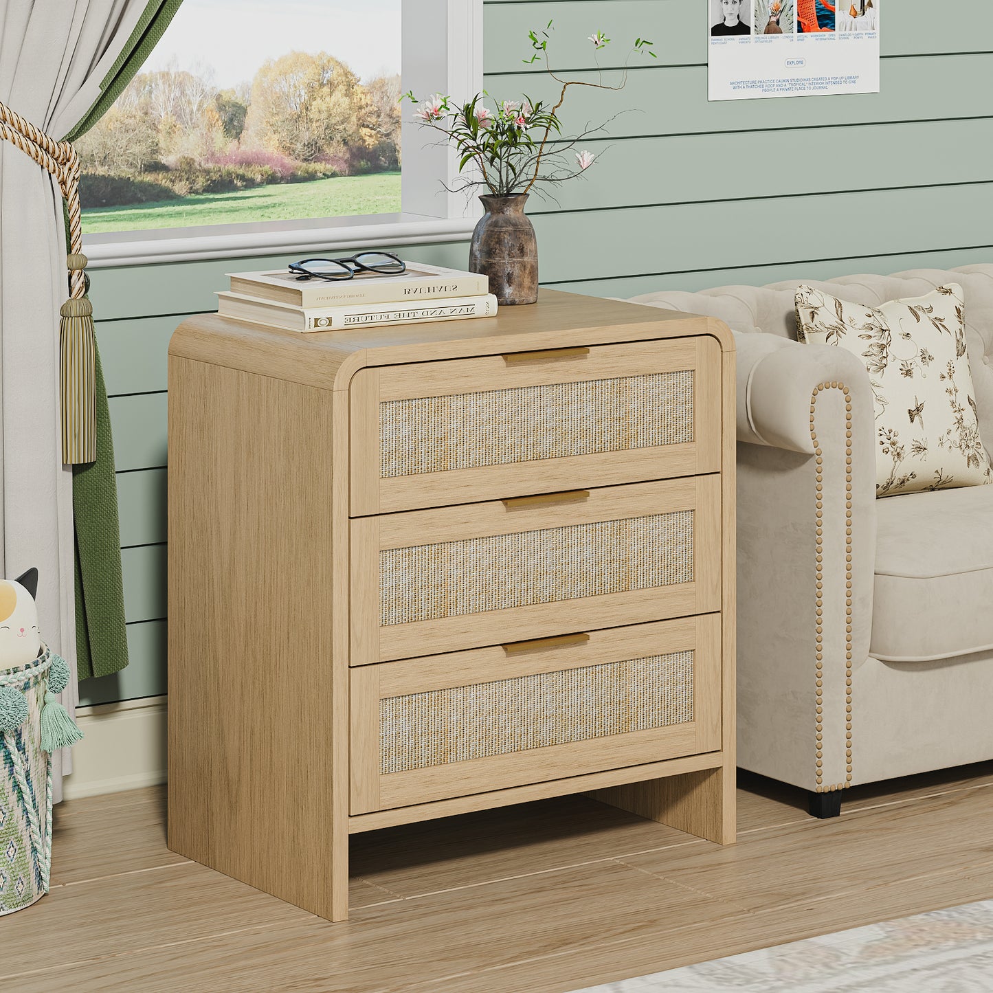 Rattan 3 Drawers Nightstand Set Of 2,  22.8  Wide Curved Wooden Bedside Table, Modern Storage For Bedroom, Natural Oak.