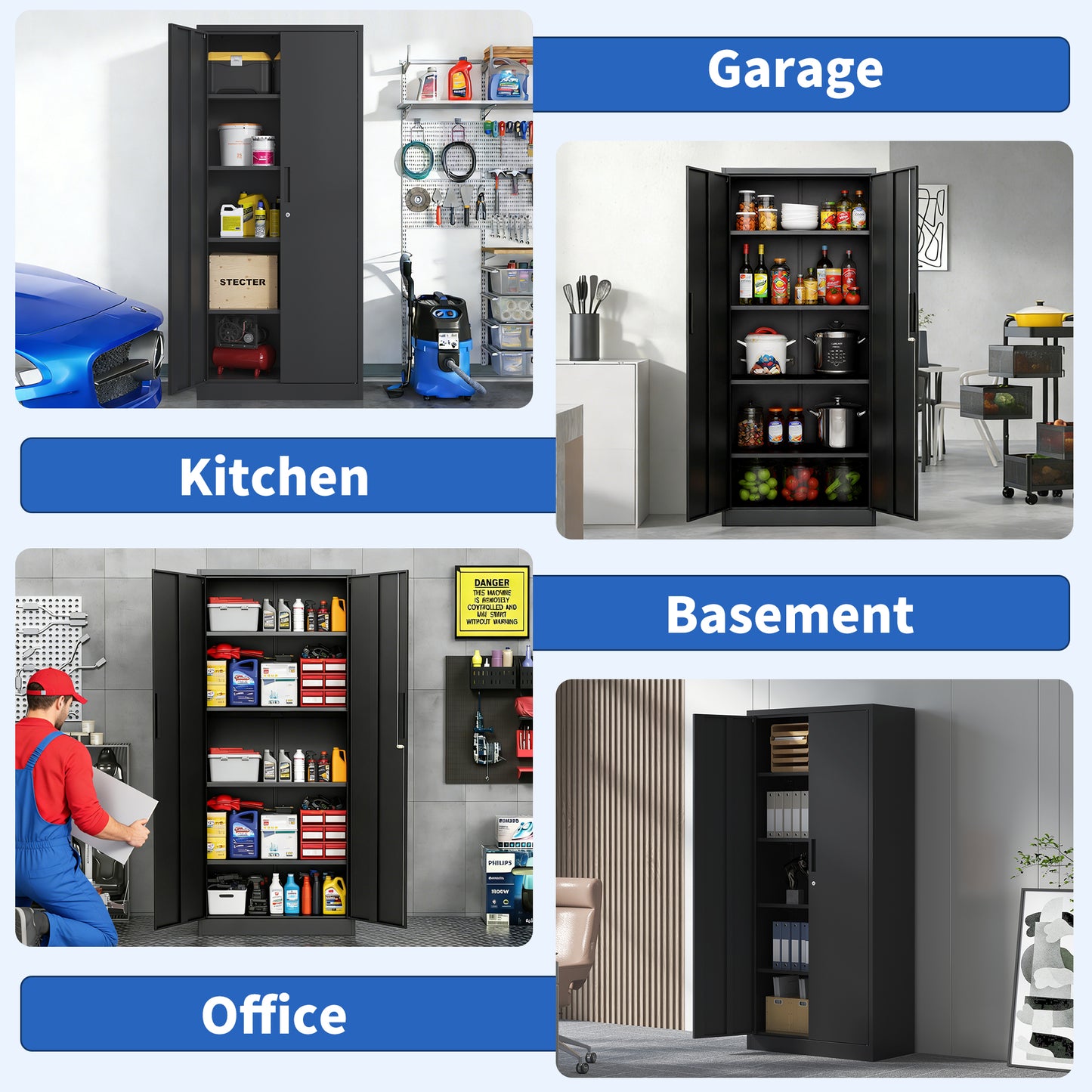 72H Metal Garage Storage Cabinet, Black Tool Steel Locking Cabinet With Doors And 4 Shelves, Tall Cabinets For Garage Storage Systems Lockable File Cabinet For Home Office, Classroom Pantry