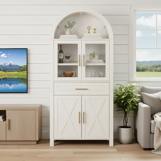 71  Tall Arched Kitchen Pantry Cabinet With Glass Door, Farmhouse Storage Pantry Cabinet With Adjustable Shelves & Barn Door Design For Kitchen, Living & Dining Room, White