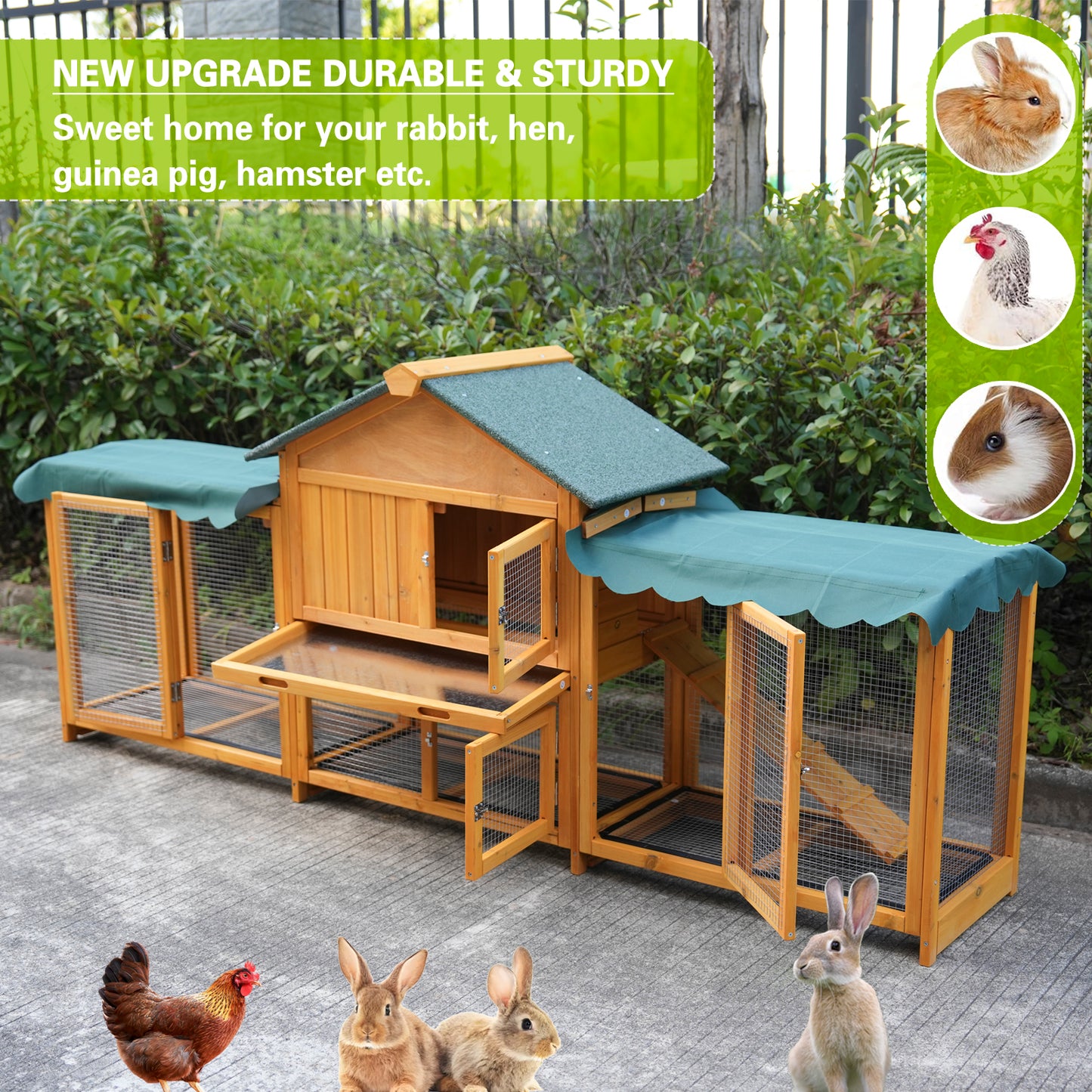 82inches Extra Large Wood Rabbit Hutch Outdoor Easy To Assemble And Stable Bunny Cage Indoor With Cleaning Tray & Waterproof Roof For Small And Medium Bun,Removable Waterproof And Sun Protection Cover