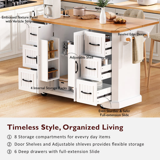 K&K 56 Inch Kitchen Island With Rubber Wood Veneer Drop Leaf, Power Outlet, 4 Door Shelves, Embossed Vertical Stripe Rolling Kitchen Cart On 4 Wheels With 6 Deep Drawers For Kitchen, Dining Room,White