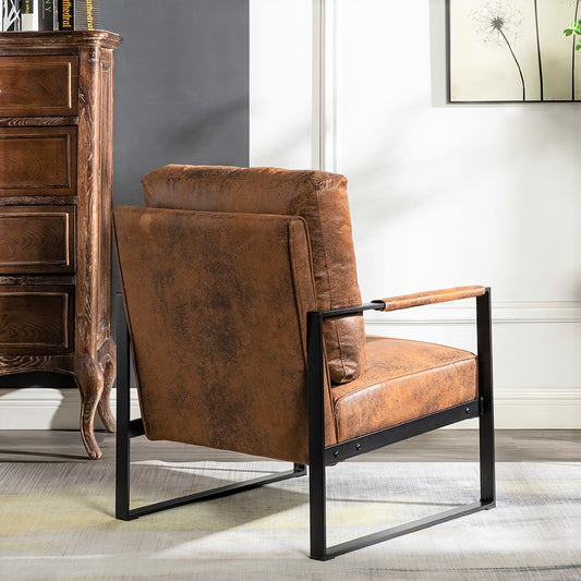 Classic Mid Century Modern Accent Chair With Durable Square Metal Frame, Armchair For Living Room, Bedroom, Home Office In Spotted Microfiber Upholstery, Yellow Brown