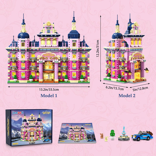 Estate House Building Set With Lights, 3 Style Pinkspire Construction Model With Car Fountain, 1815 PCS Villa Castle Building Block Kit Home Decor, Gift For Adults Boys Girls