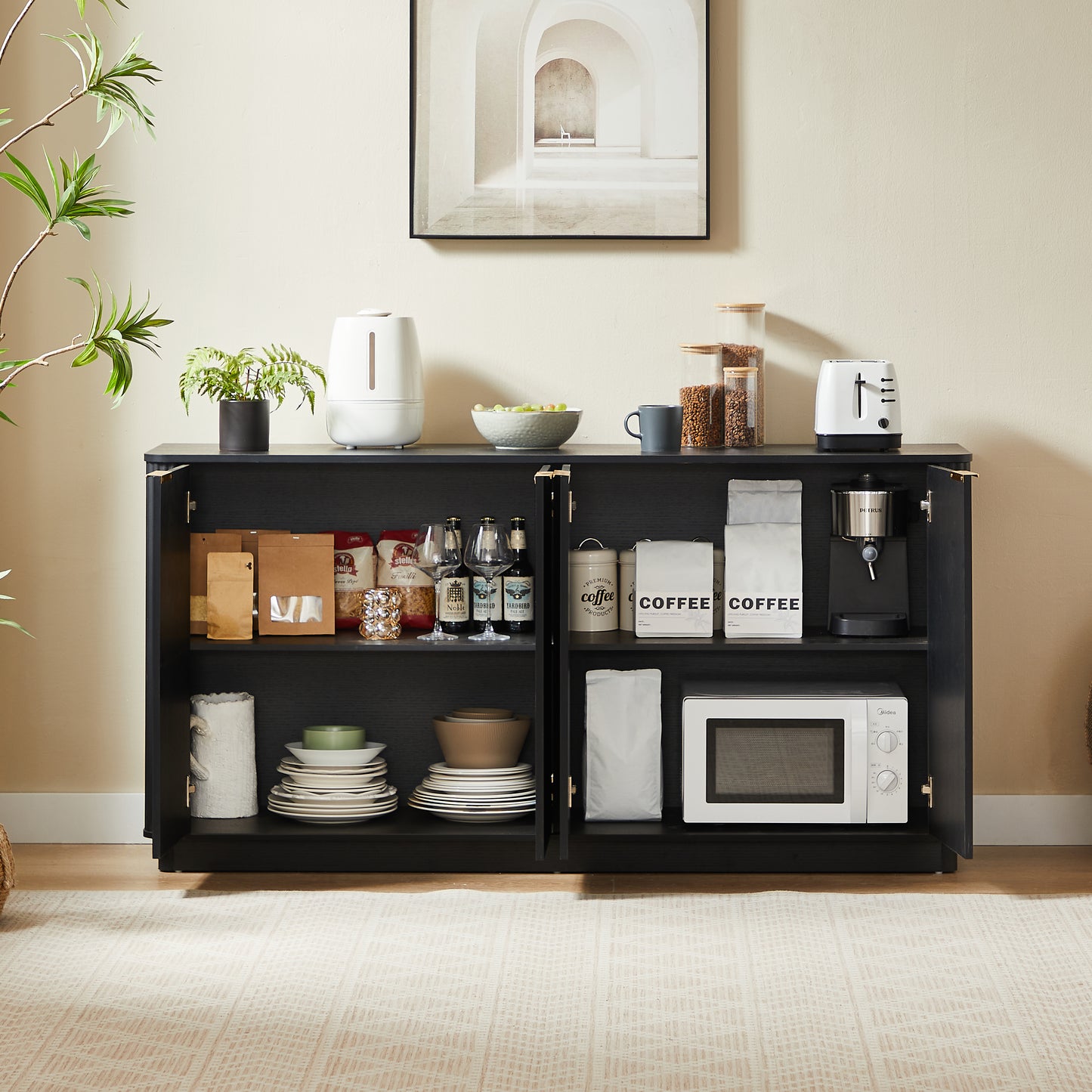 63  Vertical Stripe Buffet Cabinet Sideboard With Stoarge, Curved Wave Design, TV Stand, For Bedroom, Living Room, Hallway, Black,63 W X 15.75 D X 31.5 H.