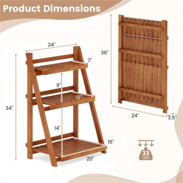 Acacia Wood 3-Tier Ladder Plant Stand, Foldable Indoor Outdoor Display Rack