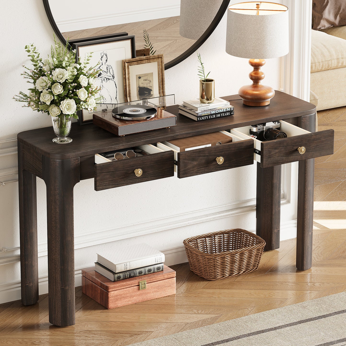 TREXM Rustic Console Table With Curved Corners For Safety  Entryway Table With 3 Concealed Drawers  Sturdy Sofa Table With Thick Legs For Hallway & Living Room  Espresso