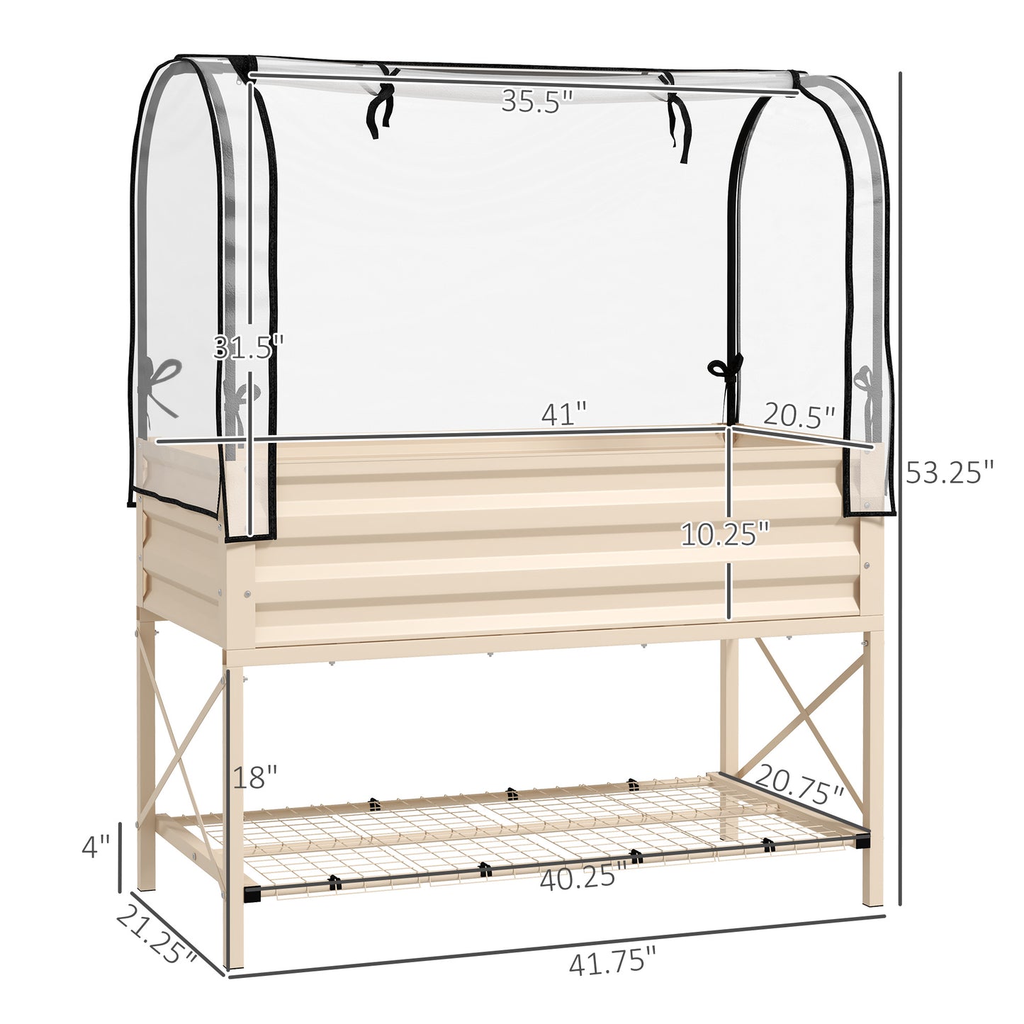 Raised Garden Bed With Legs And Cover, Metal Elevated Planter Box With Bottom Shelf And Liner For Vegetables, Cream