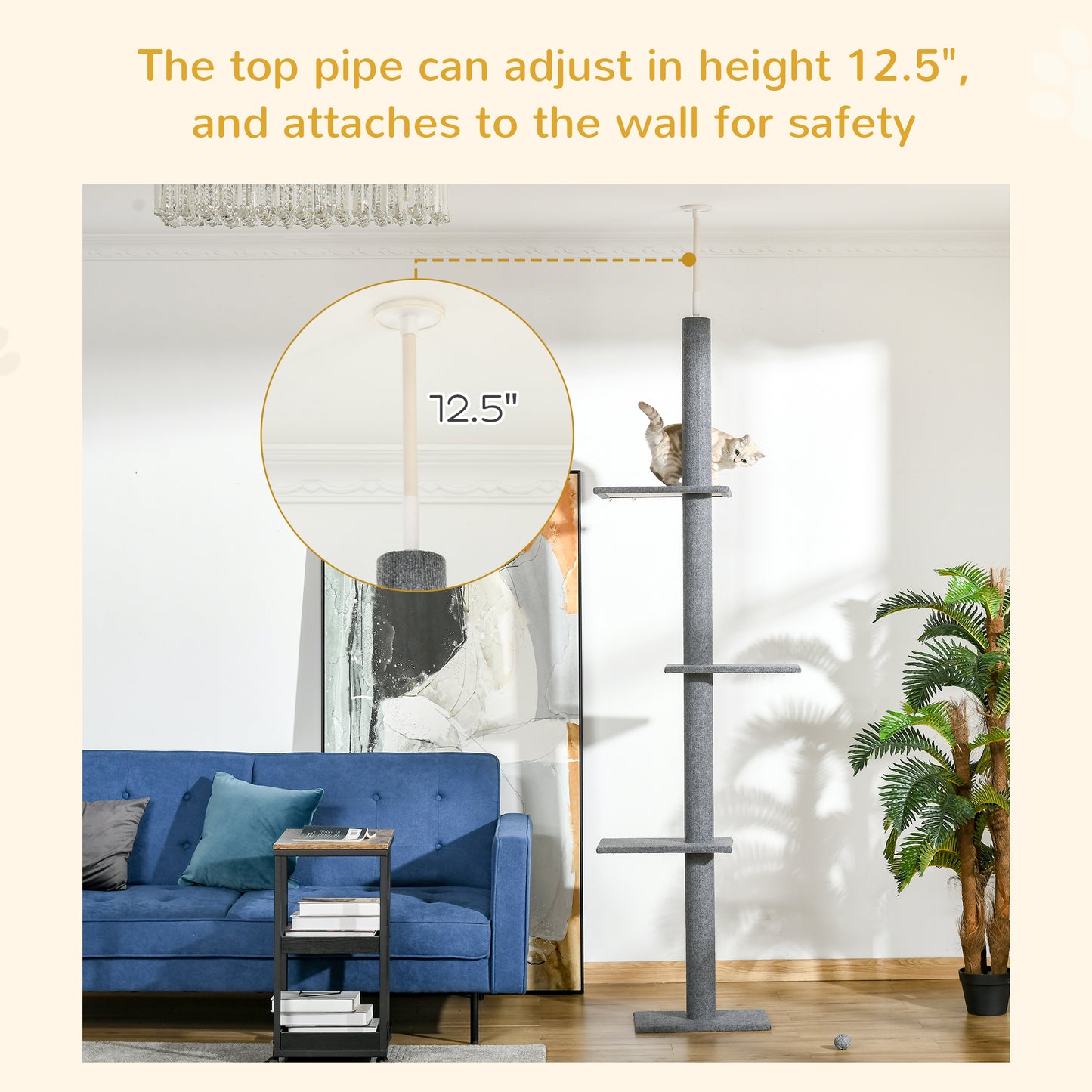 Floor-to-Ceiling Cat Tree Cat Climbing Tower With Sisal-Covered Scratching Posts Natural Cat Tree Activity Center For Kittens Cat Tower Furniture, Grey