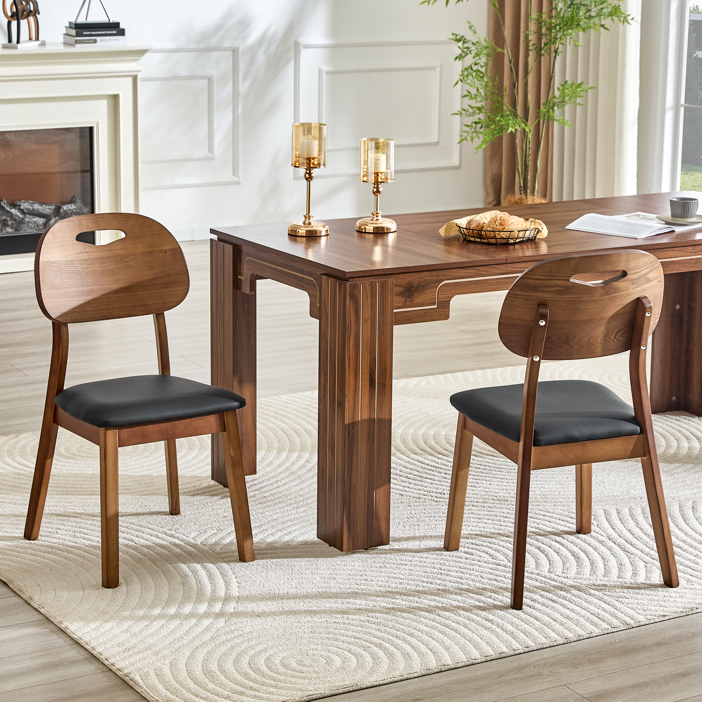 2 Walnut Colored Solid Wood Dining Chairs, Black PU Soft Seat Cushions, Hollowed Out Backrests, And Home Dining Chairs.