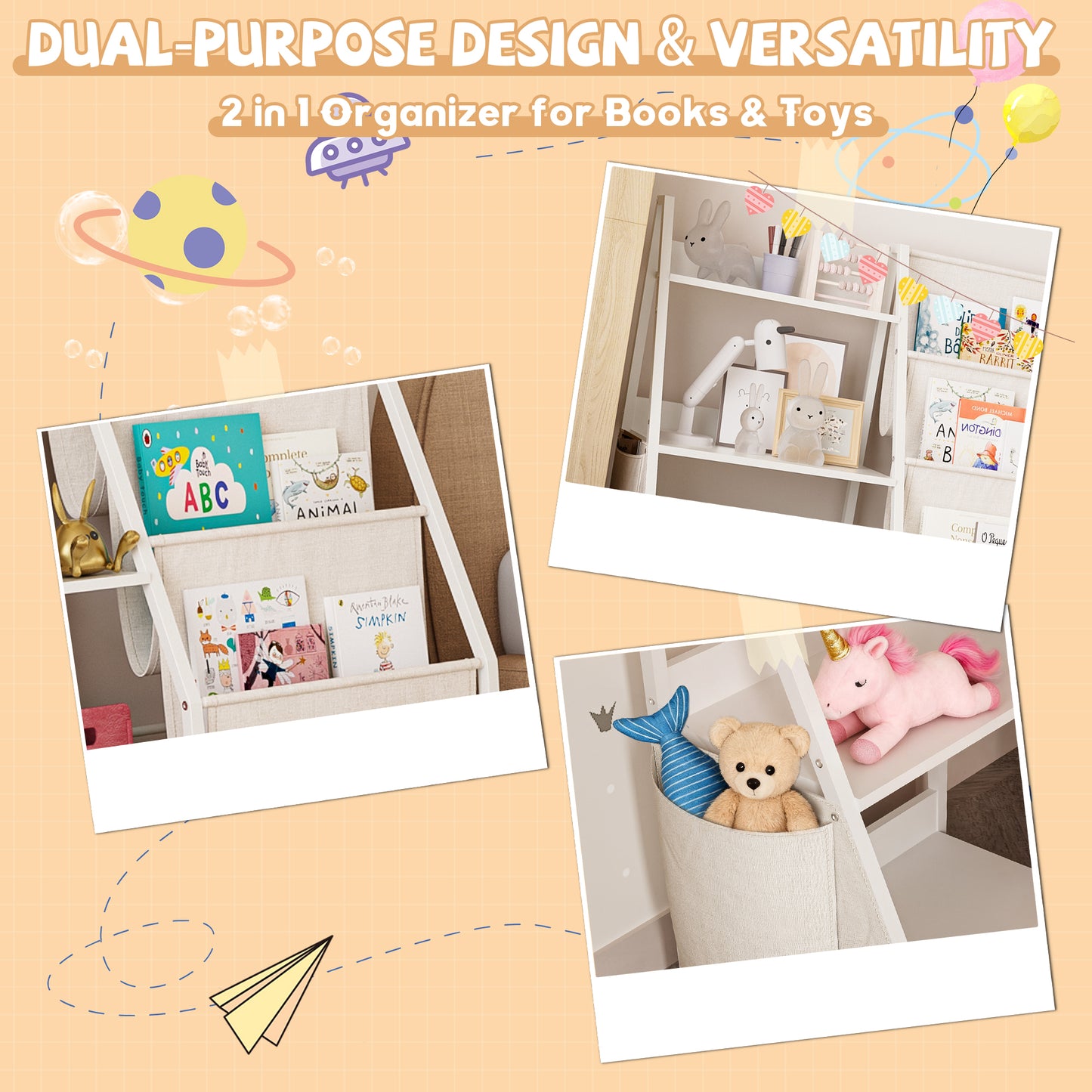 Kids Bookshelf And Toy Storage Organizer, Montessori Bookcase For Toddler Nursery, Wooden & Fabric Book Shelf With Anti-Tip Safety, White
