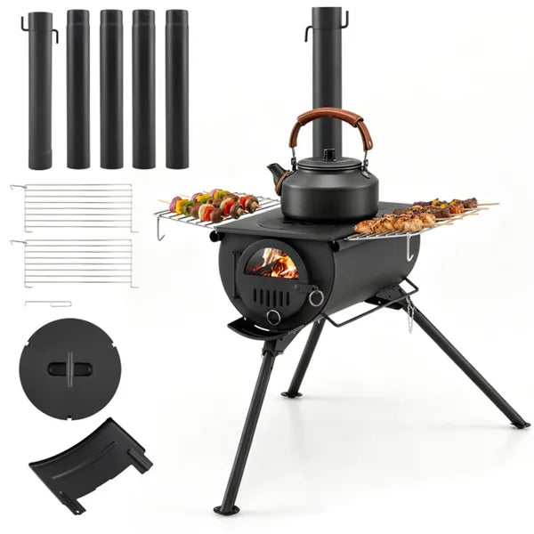 Portable Foldable Wood Burning Tent Stove With 5 Sections Chimney, Heavy Duty Carbon Steel Camping Stove With View Window & Cooking Racks For Outdoor Hunting Camping