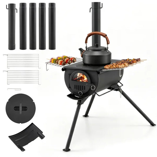 Portable Foldable Wood Burning Tent Stove With 5 Sections Chimney, Heavy Duty Carbon Steel Camping Stove With View Window & Cooking Racks For Outdoor Hunting Camping
