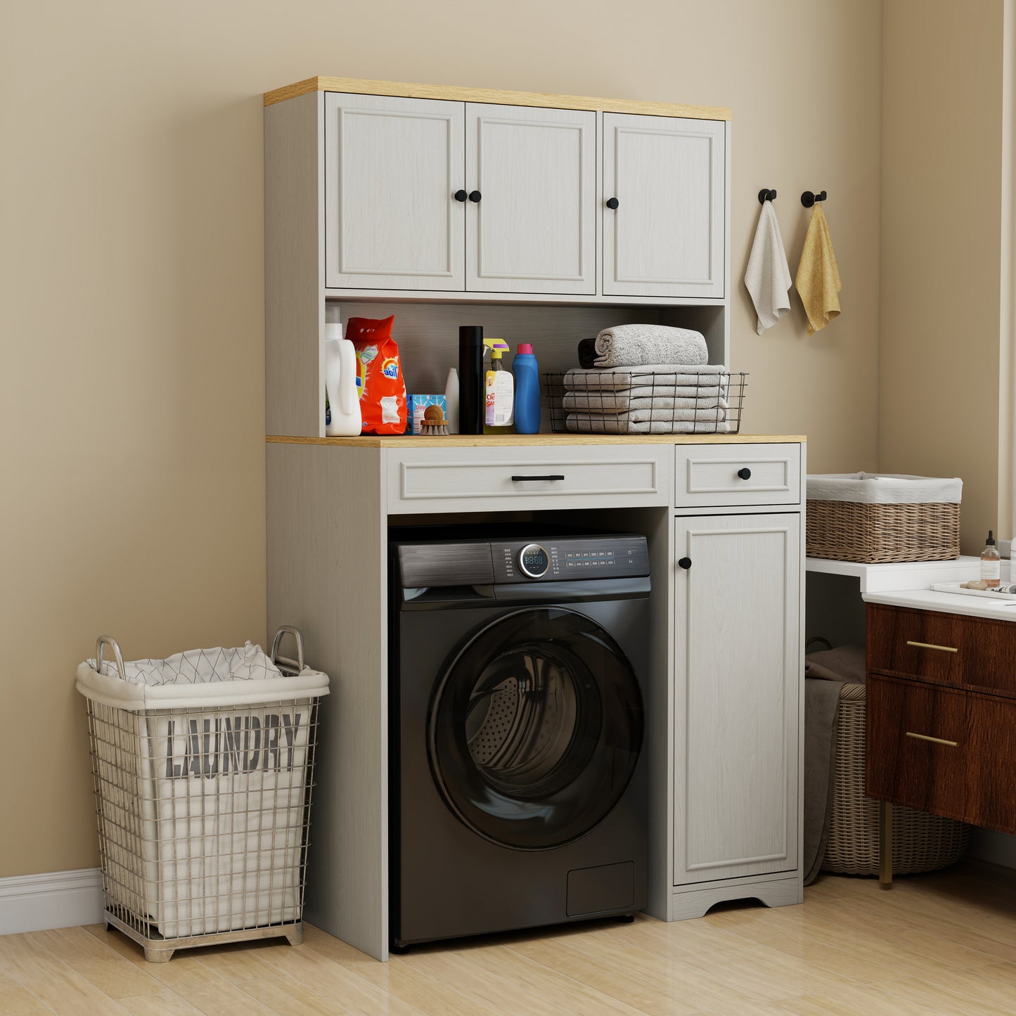 Over The Washer, Dryer And Robot Vacuum Storage Cabinet Suitable For Compact Washing Machines, Laundry Room Storage Organizer With 1 Laundry Basket, 1 Drawer And 2 Adjustable Shelves-Antique White