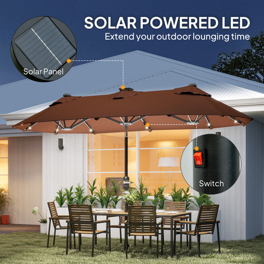 Double-sided Outdoor Patio Umbrella With Solar Lights And Base, Dining Table Umbrella Push Button Tilt, Coffee