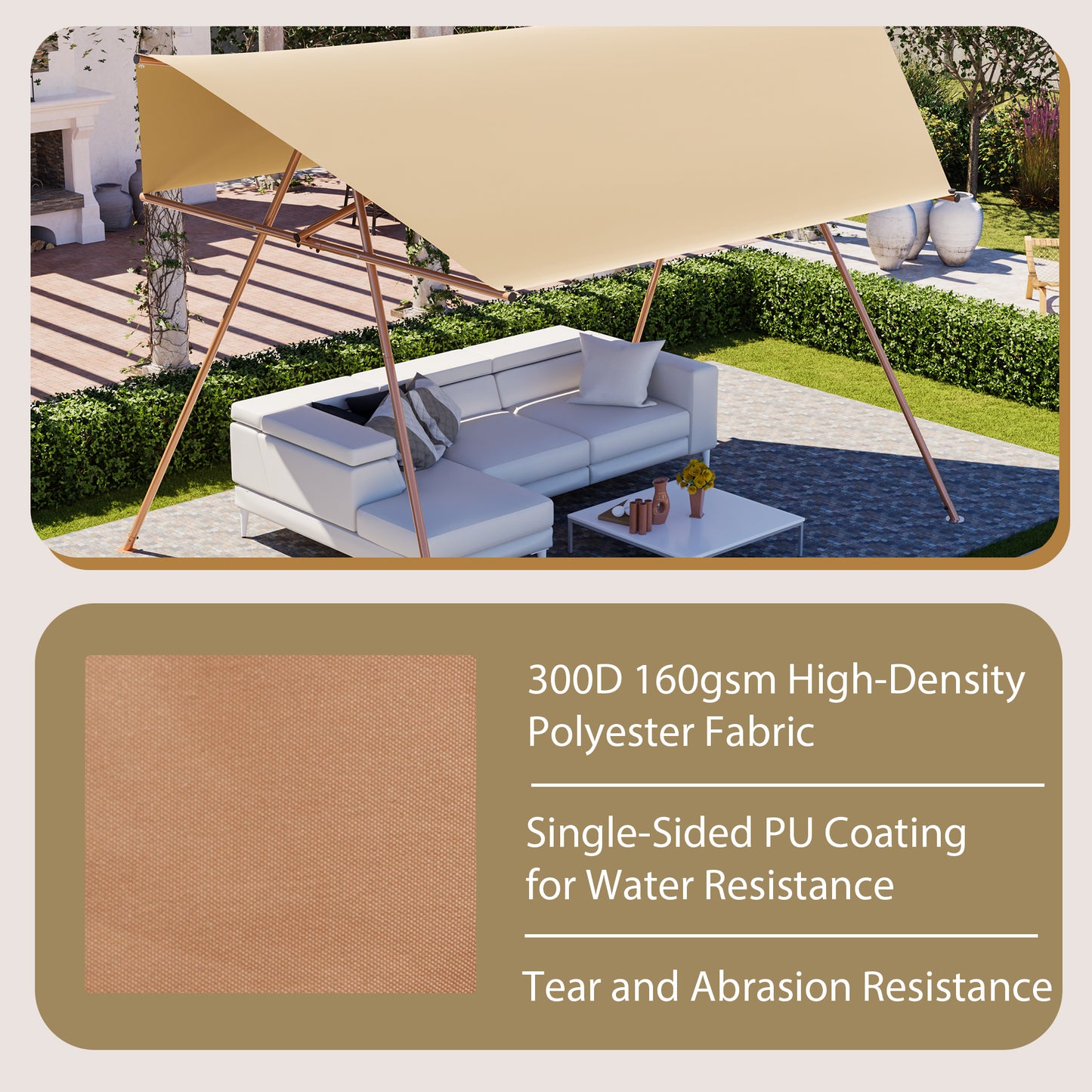 Hexagonal Shade Sail Canopy, Large 206 X118  UV Block Sun Shade With UPF 50 , Waterproof High-Density Polyester Fabric, Brown Rust-Resistant Poles & Built-in Hooks For Patio Backyard -Light Khaki