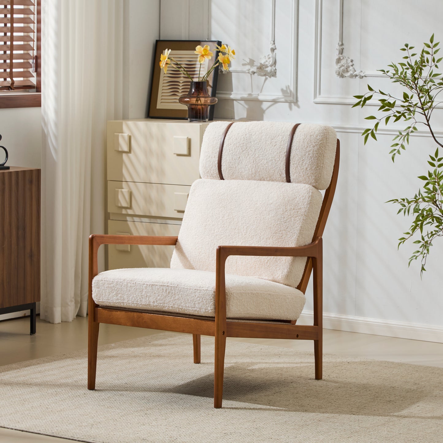 Mid Century Modern Accent Armchair, Solid Wood Frame With High Back, Beige Boucle Upholstered Cushions, Ergonomic Lounge Chair For Living Room Bedroom Reading Nook