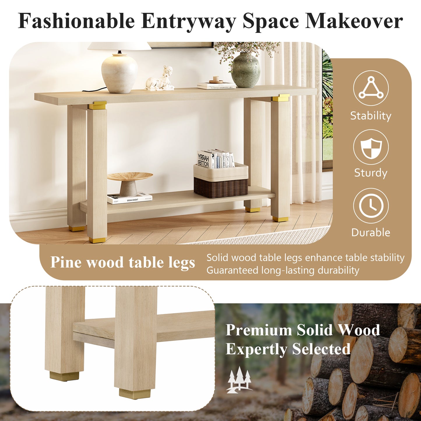 U-Style 62.9  Modern Minimalist Console Table  Solid Wood Entryway Sofa Table With Metal Accents  Built- In Shelf  For Living Room  Hallway  3 Colors  Black  Gray  Natural