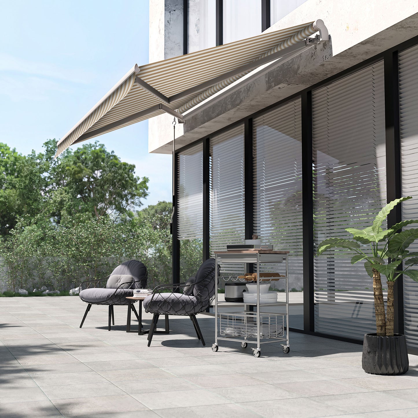 12' X 10' Retractable Awning Patio Awnings Sun Shade Shelter With Manual Crank Handle, 280g/m² UV & Water-Resistant Fabric And Aluminum Frame For Deck, Balcony, Yard, Beige And White