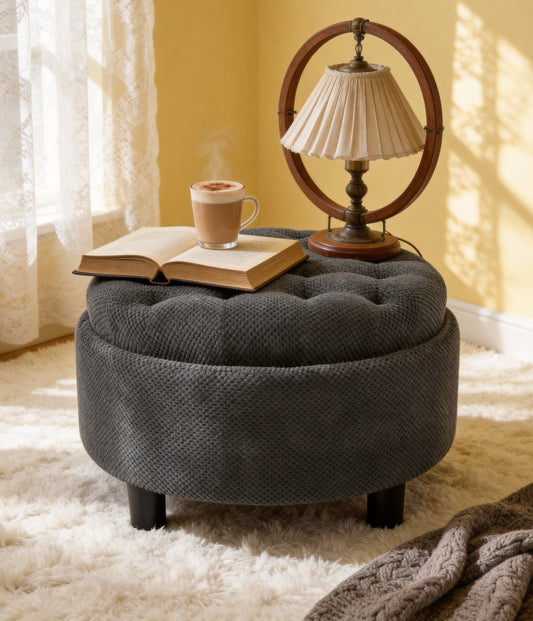 25Inch Round Storage Ottoman With Tray, ModernTufted Fabric Circle Coffee Table With Storage, Upholstered Ottoman With Removable Top For Living Room, Bedroom,Dark Grey