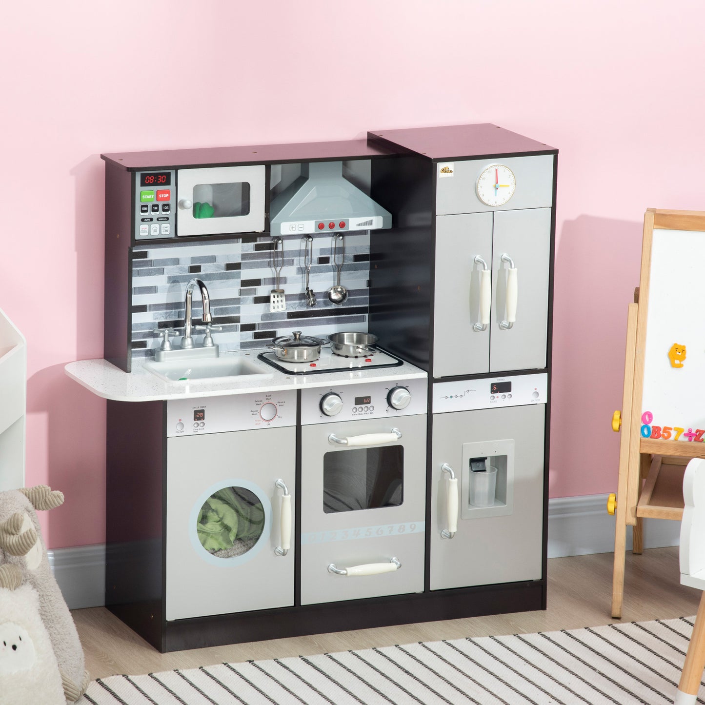 Wooden Play Kitchen With Lights Sounds, Kids Kitchen Playset With Washing Machine, Water Dispenser, Microwave, Range Hood, Refrigerator, Utensils, Gift For 3-6 Years Old