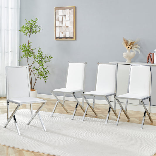 4-pack Silver Metal Framed White PU Dining Chairs Ergonomic Design, A Simple And Luxurious Choice.Featuring Uniquely Designed Silver Metal Legs.