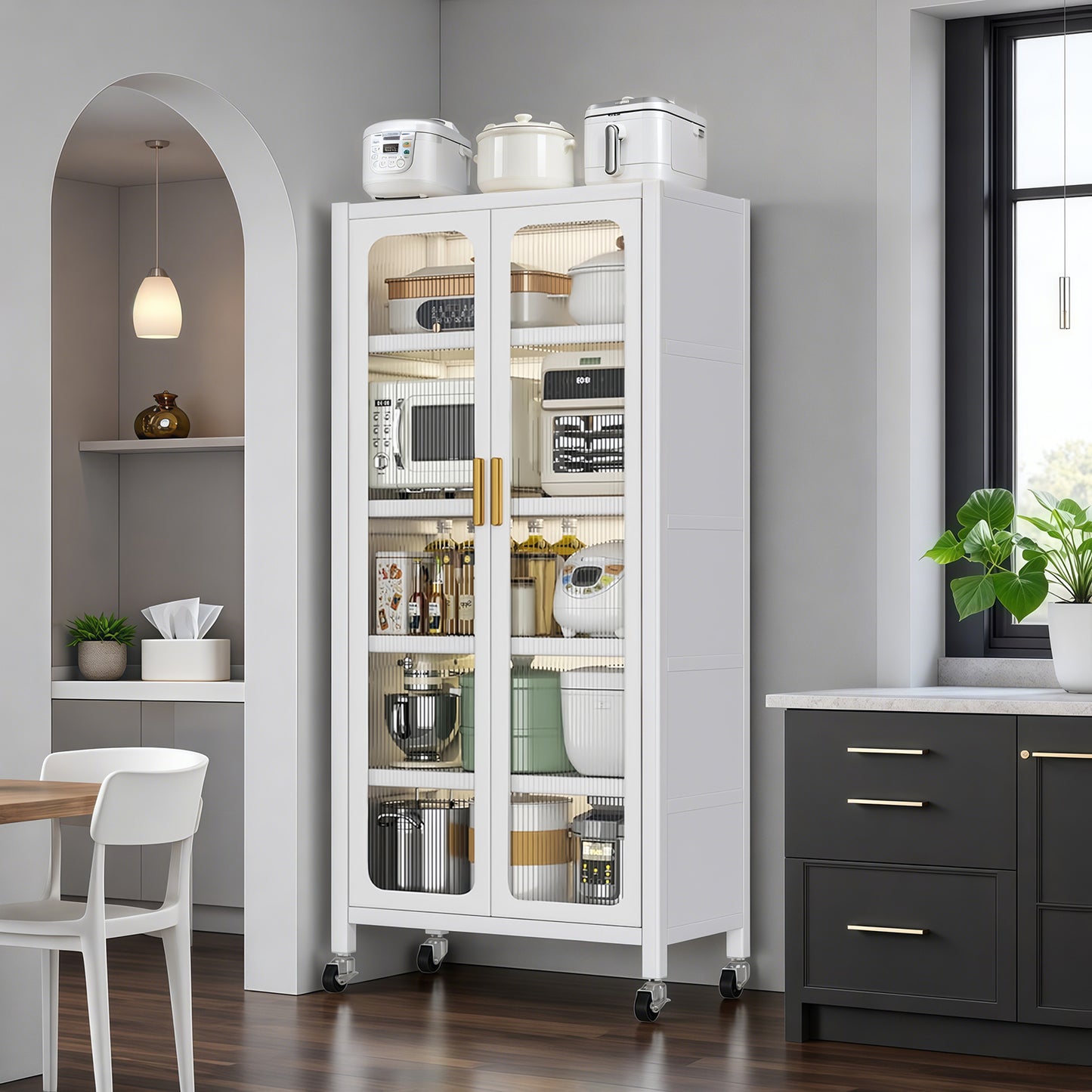 65  Kitchen Pantry Storage Cabinet, 6 Tier Metal Display Storage Cabinet With Transparent Door, Adjustable Shelves & Wheels, Food Pantries Cabinets, For Kitchen, Living Room And Dining Room, White
