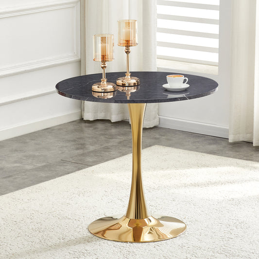 Round Dining Table, 31.5in Circle Tulip Table With Thickened Tabletop & Metal Pedestal, Mid Century Modern Bistro Table For Kitchen, Small Places, Living Room, Cafe  Faux Marble