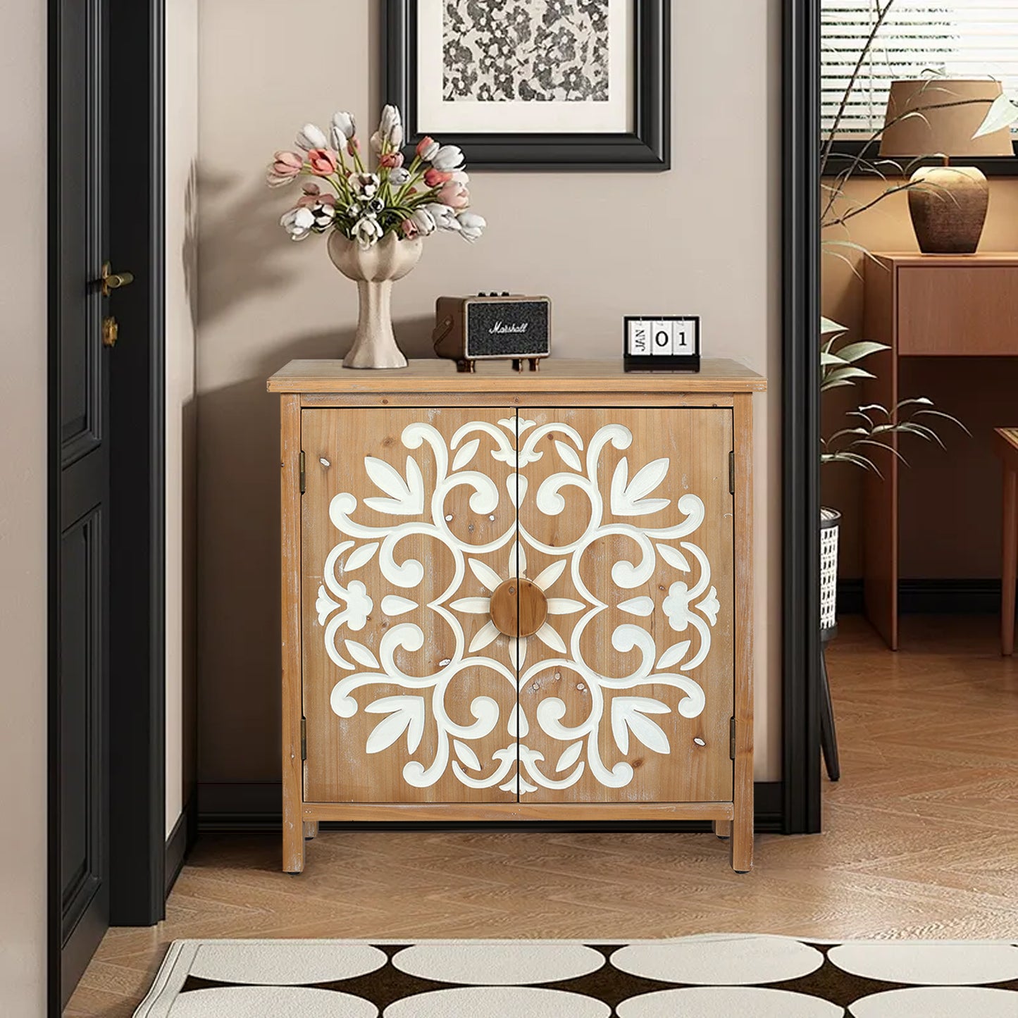 Rustic Wooden Accent Cabinet With Floral Carved Doors, 2 - Door Storage Cabinet For Living Room, Entryway, Dining Room