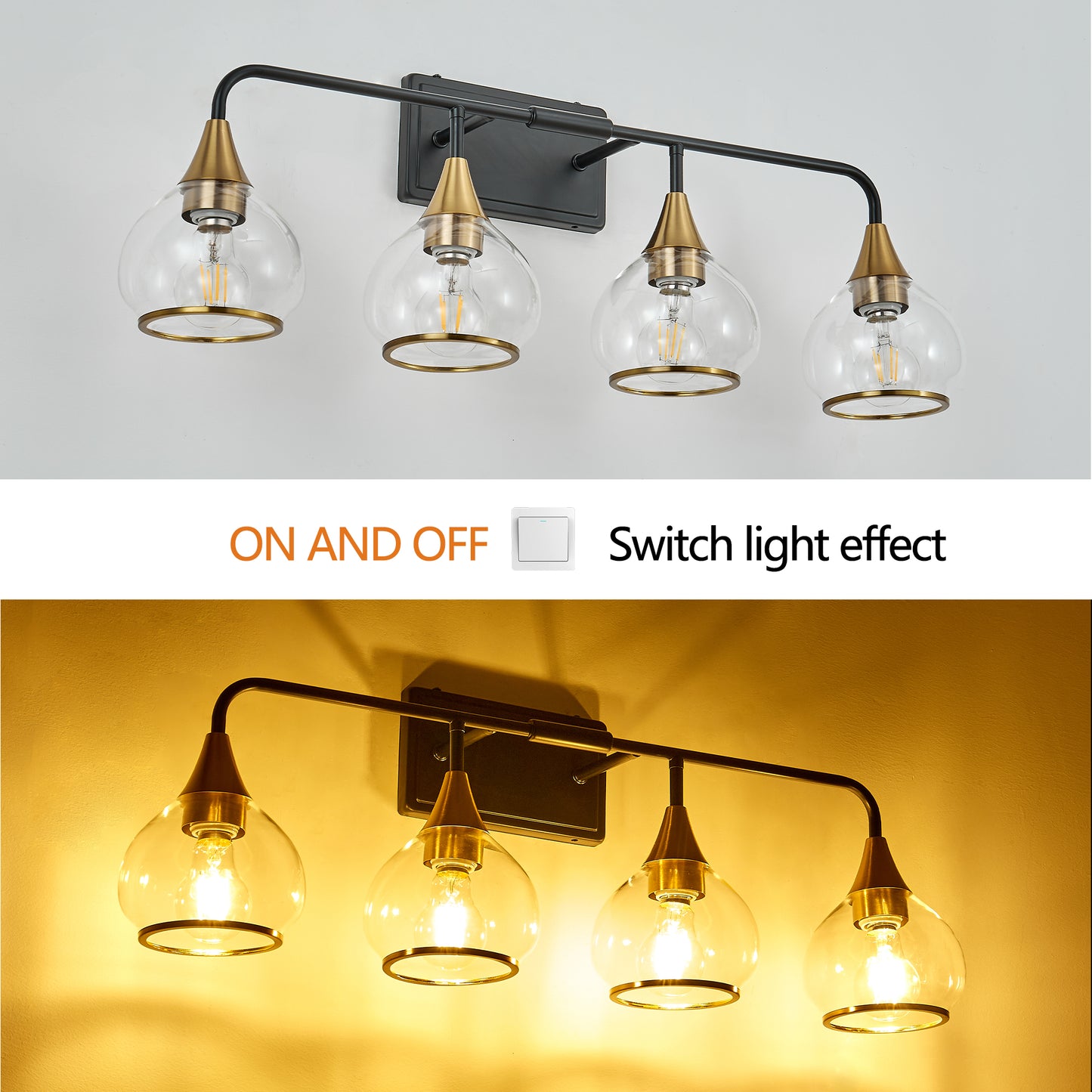 31 Modern 4-Light Vanity Wall Sconce - Black And Gold Bathroom Light Fixture With Clear Glass Shades, Industrial Wall Mounted Lamp For Mirror, Vanity, And Living Spaces Bulb Not Included