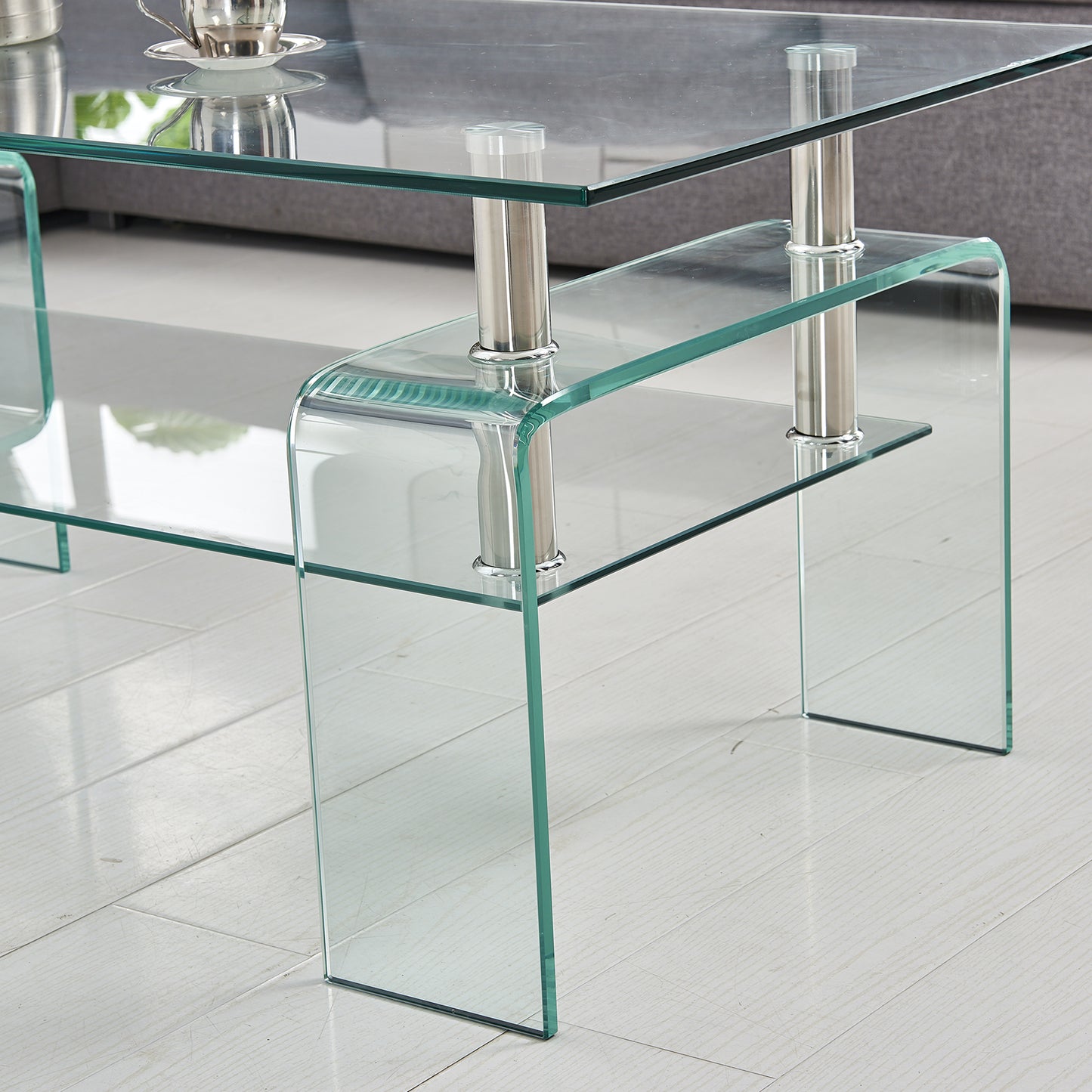 Rectangle Clear Glass Coffee Table, Modern Glass Coffee Table For Living Room, 2-Tier Storage Center Coffee Table,Tempered Glass Tea Table