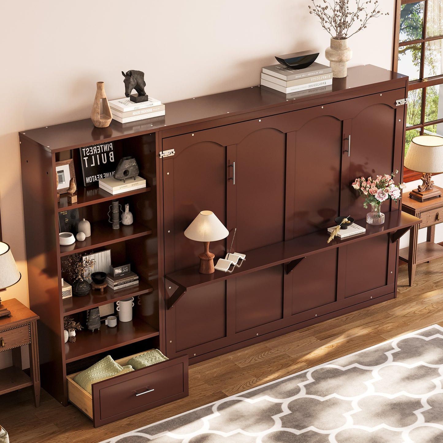 Queen Size Murphy Bed With Height Adjustable Storage Compartments And Shelf, Wall Bed Frame With 1 Drawer, Multifunctional Foldable Platform Bed For Bedroom,Guest Room, Walnut OLD SKU N733S309223D
