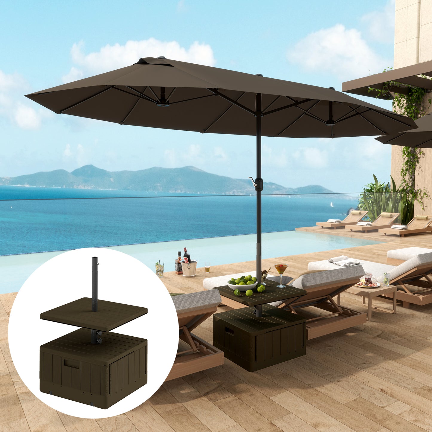 3-in-1 Outdoor Umbrella Base With Table Tray, Coffee End Table, Planter Box With Drain Hole, 175 Lbs. Capacity Heavy Duty Fillable Patio Umbrella Stand Table With Wheels And Handles, Brown