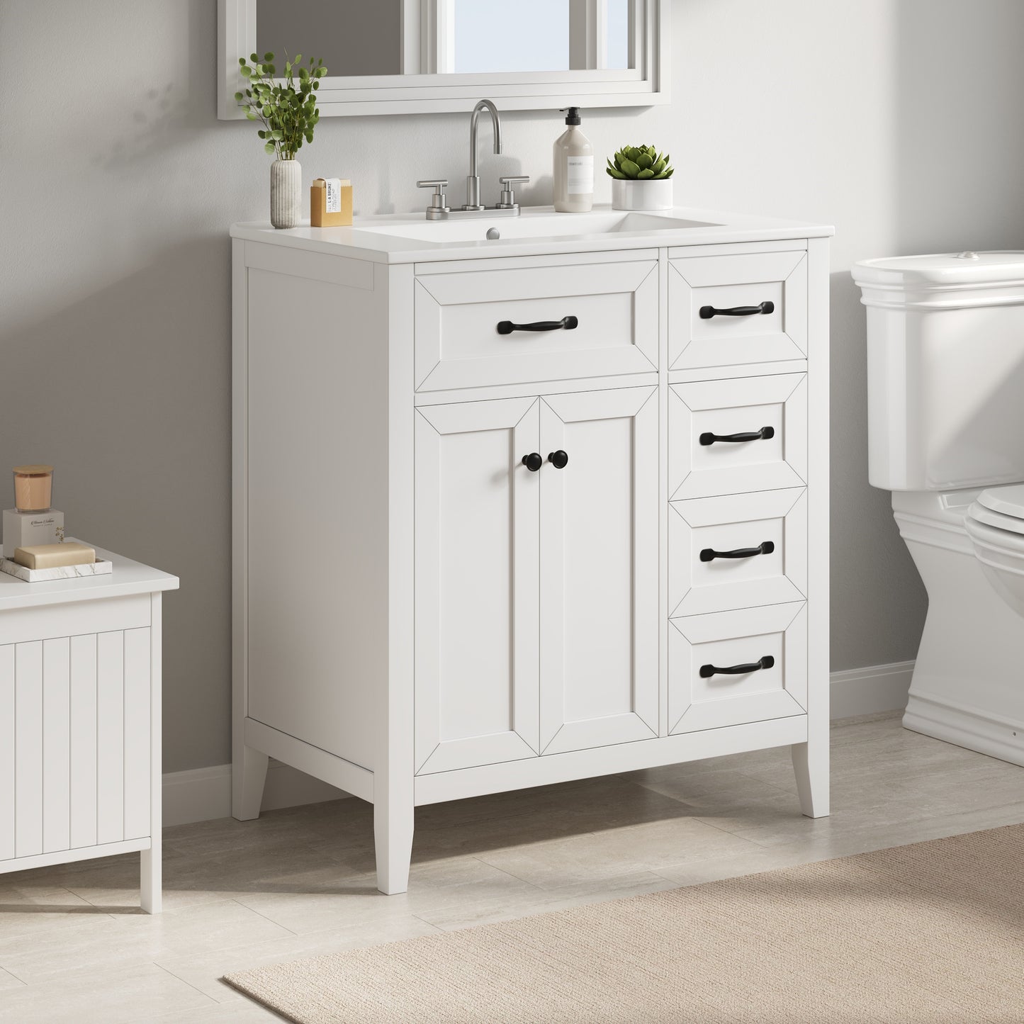 30  White Bathroom Vanity With Ceramic Sink, Freestanding Vanity With Black Metal Handles, Solid Wood Legs, Soft-Close Doors & Drawers, Ample Storage  Other Size  N725P246491K