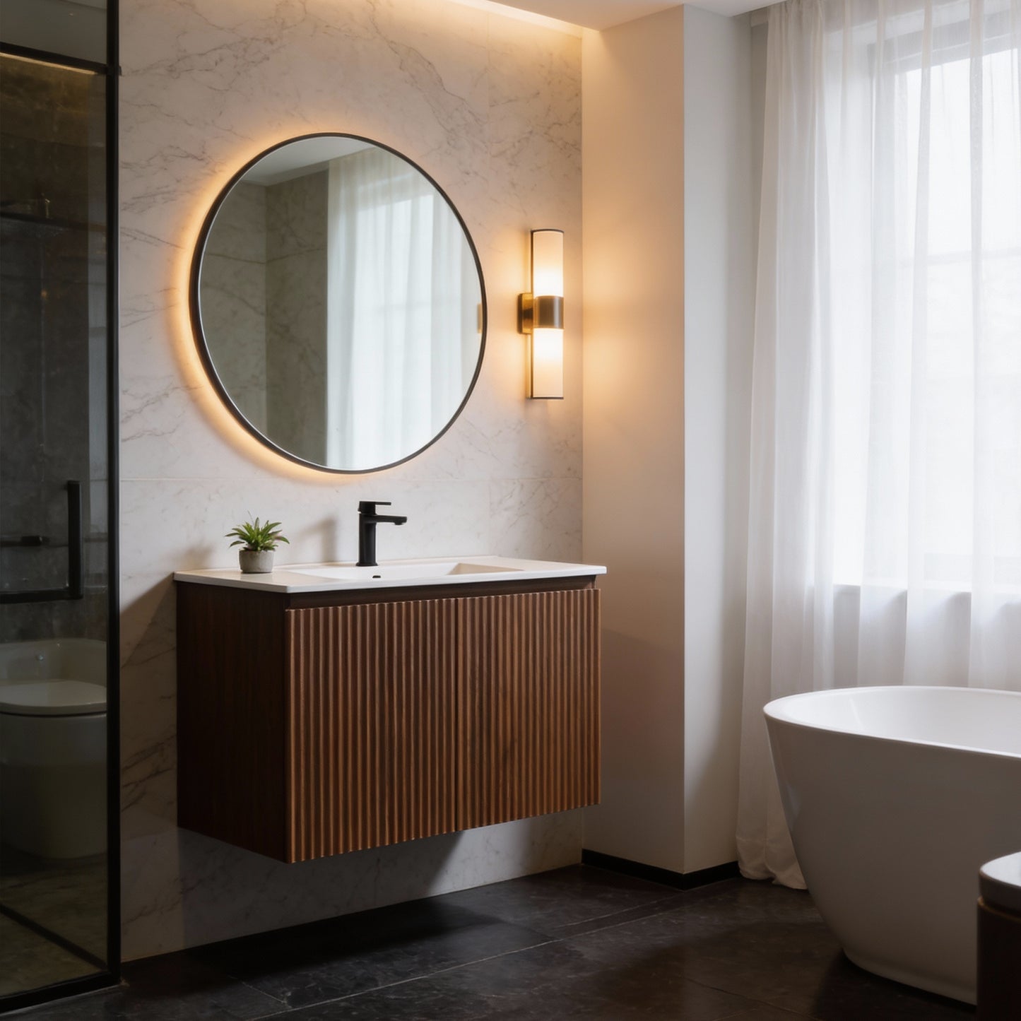 30inch Walnut Folding Wall Cabinet With Creamic Sink- Patented 1-Minute Install  Space-Saving & Easy Assemble Modern Style
