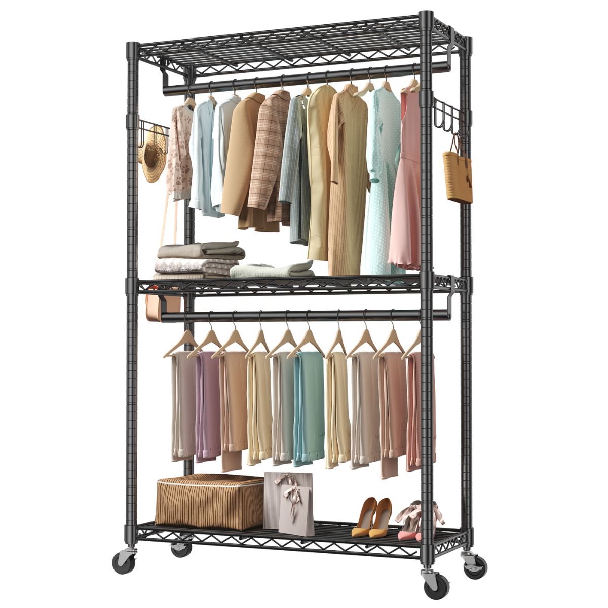 29.5-45-inch Rolling Clothes Rack With Adjustable Metal Shelves And Heavy-duty Hangers With Side Hooks,ideal For Homes And Laundry Rooms